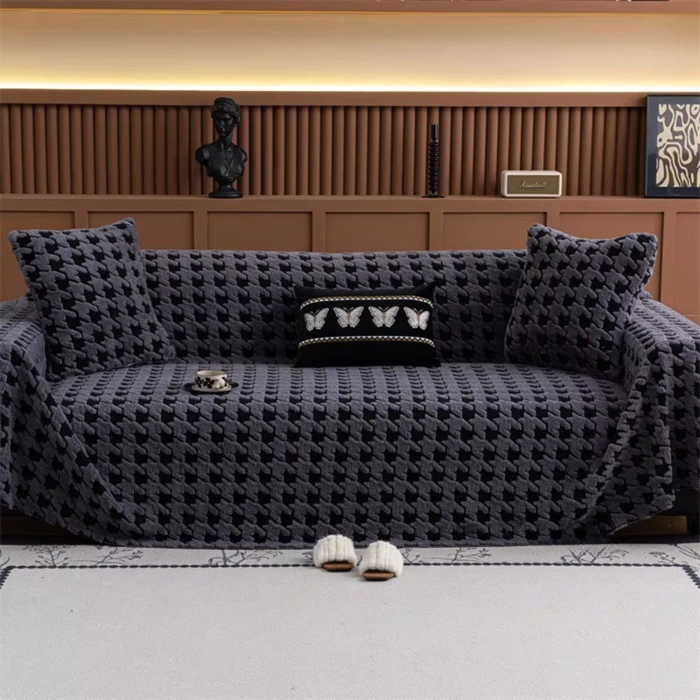 Sofa Cover Houndstooth Plush Microfiber Non-Slip Backing & Machine Washable