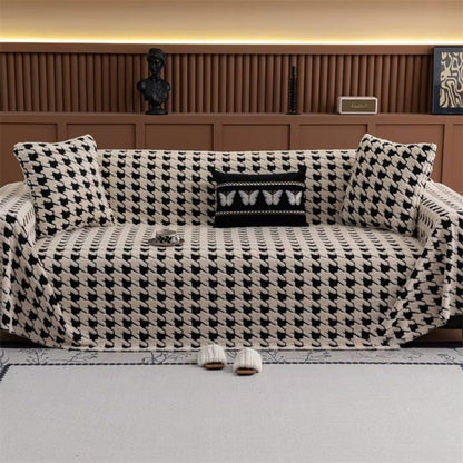 Sofa Cover Houndstooth Plush Microfiber Non-Slip Backing & Machine Washable