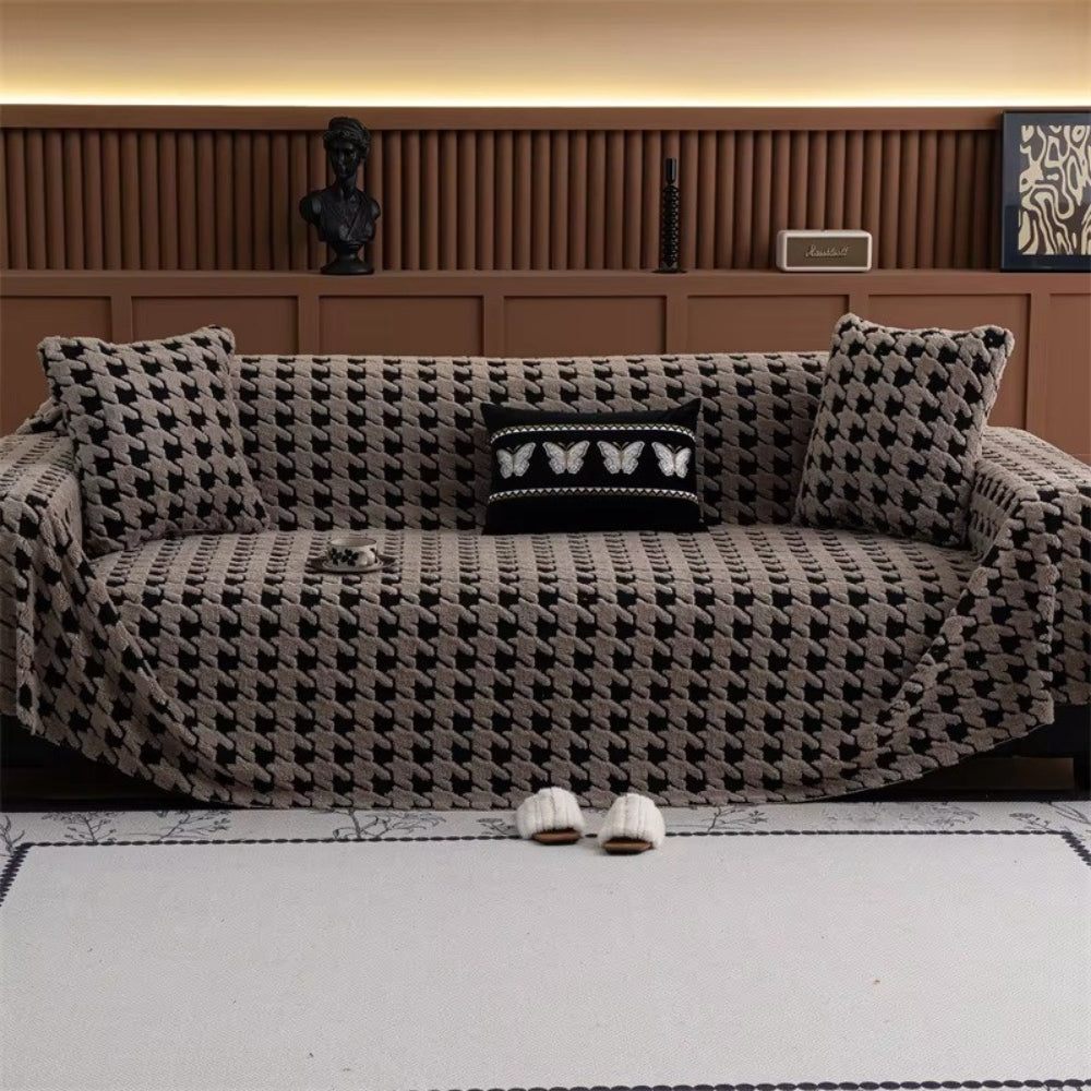 Sofa Cover Houndstooth Plush Microfiber Non-Slip Backing & Machine Washable