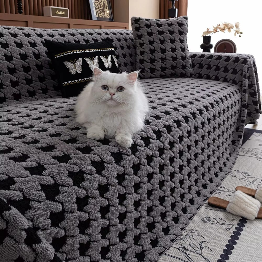 Sofa Cover Houndstooth Plush Microfiber Non-Slip Backing & Machine Washable