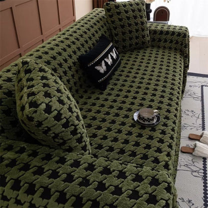 Sofa Cover Houndstooth Plush Microfiber Non-Slip Backing & Machine Washable