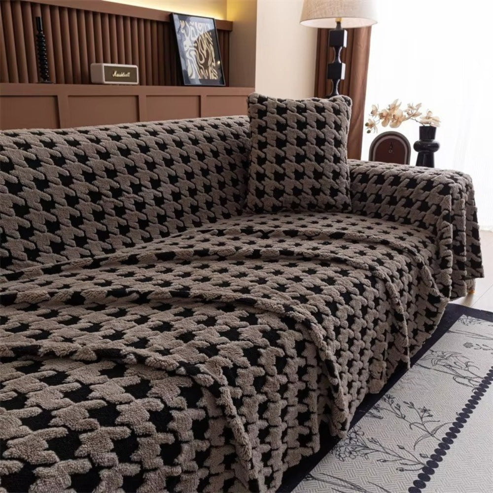 Sofa Cover Houndstooth Plush Microfiber Non-Slip Backing & Machine Washable