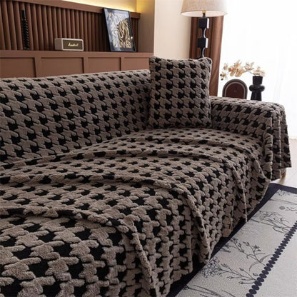 Sofa Cover Houndstooth Plush Microfiber Non-Slip Backing & Machine Washable
