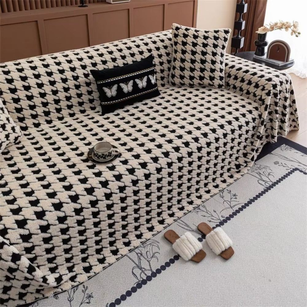 Sofa Cover Houndstooth Plush Microfiber Non-Slip Backing & Machine Washable