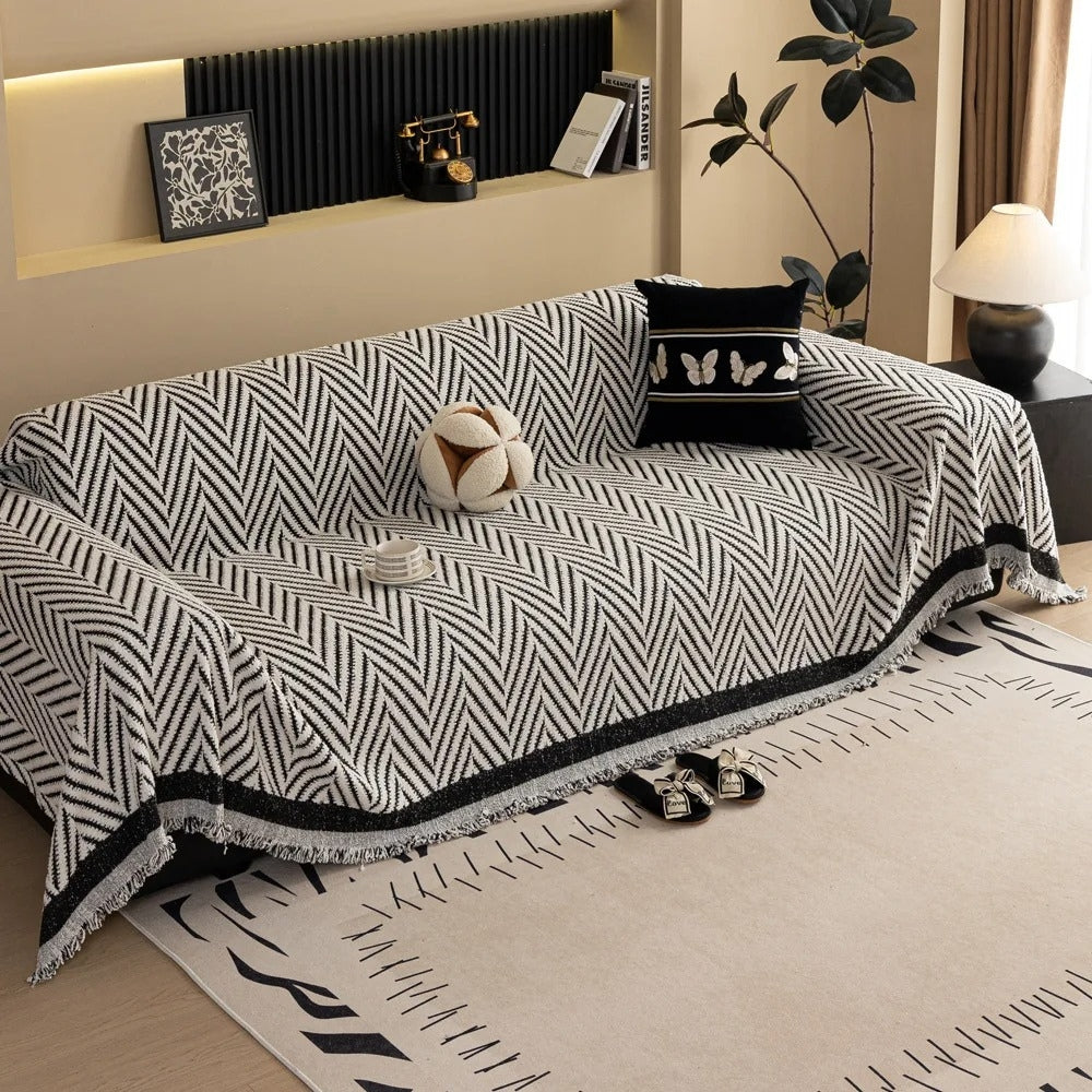 Sofa Cover Jacquard Knit Microfiber Blend & Tassel Fringe
