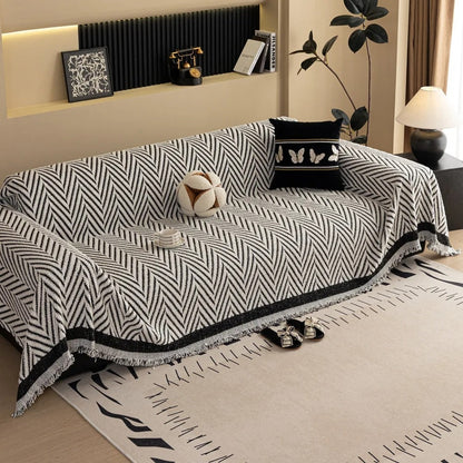 Sofa Cover Jacquard Knit Microfiber Blend & Tassel Fringe