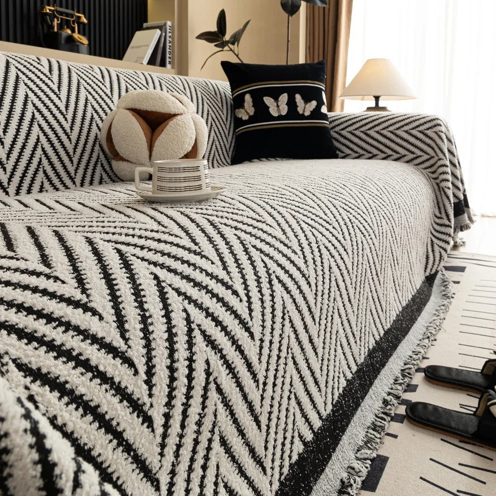Sofa Cover Jacquard Knit Microfiber Blend & Tassel Fringe