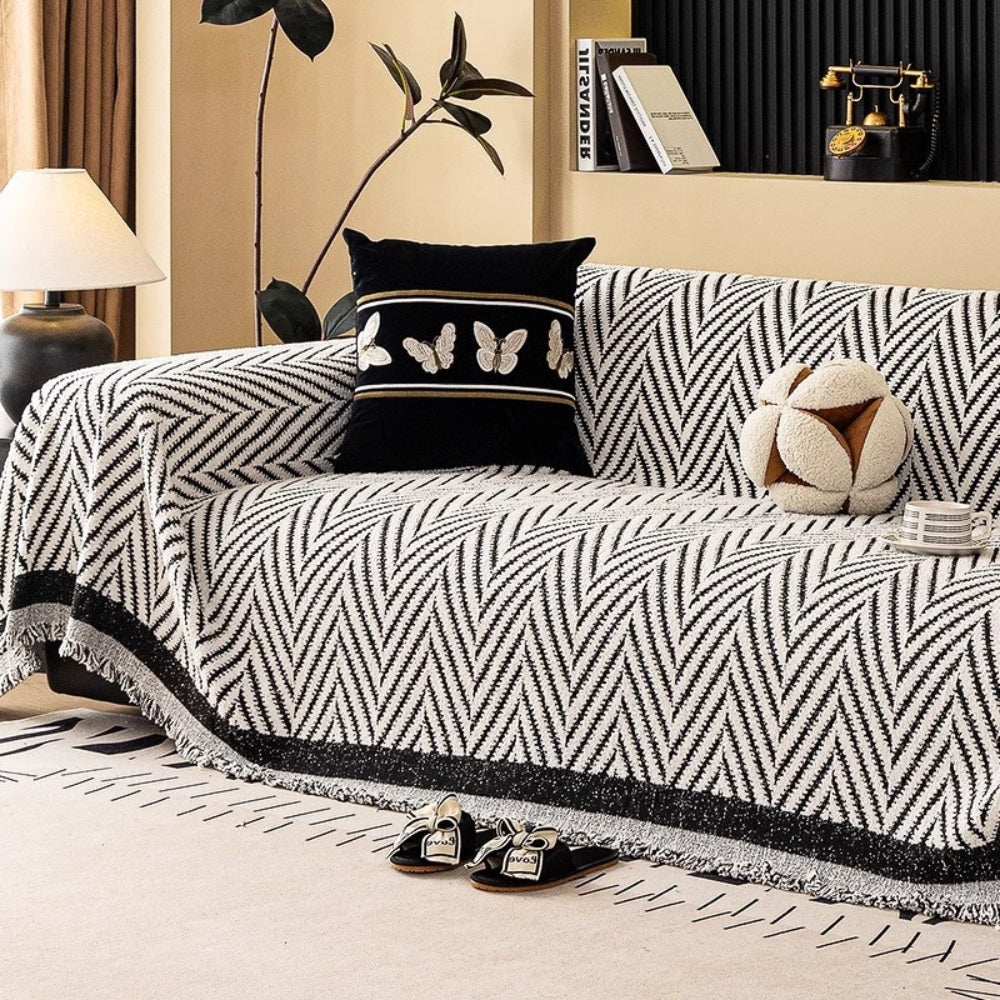 Sofa Cover Jacquard Knit Microfiber Blend & Tassel Fringe