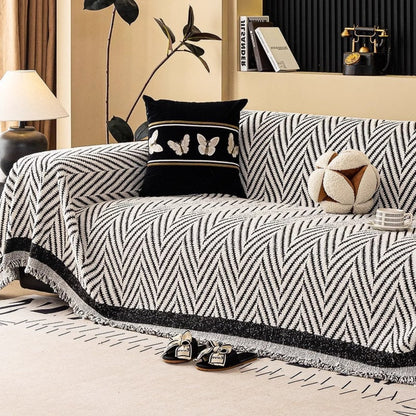 Sofa Cover Jacquard Knit Microfiber Blend & Tassel Fringe