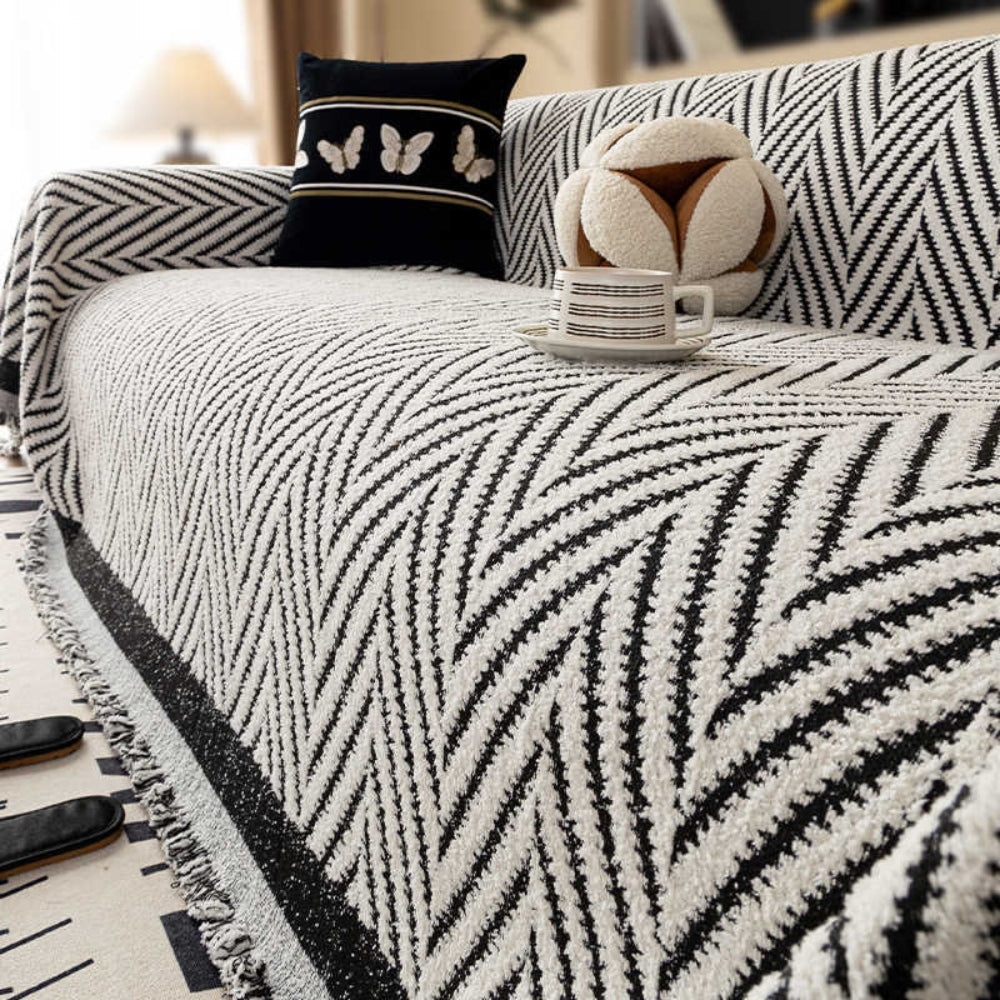 Sofa Cover Jacquard Knit Microfiber Blend & Tassel Fringe