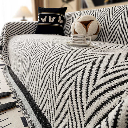 Sofa Cover Jacquard Knit Microfiber Blend & Tassel Fringe
