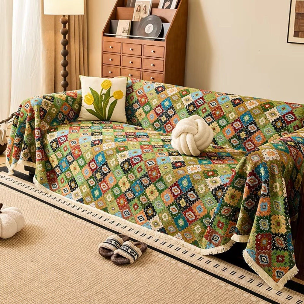 Sofa Cover Kilim-Inspired Microfiber Blend Tassel Trim