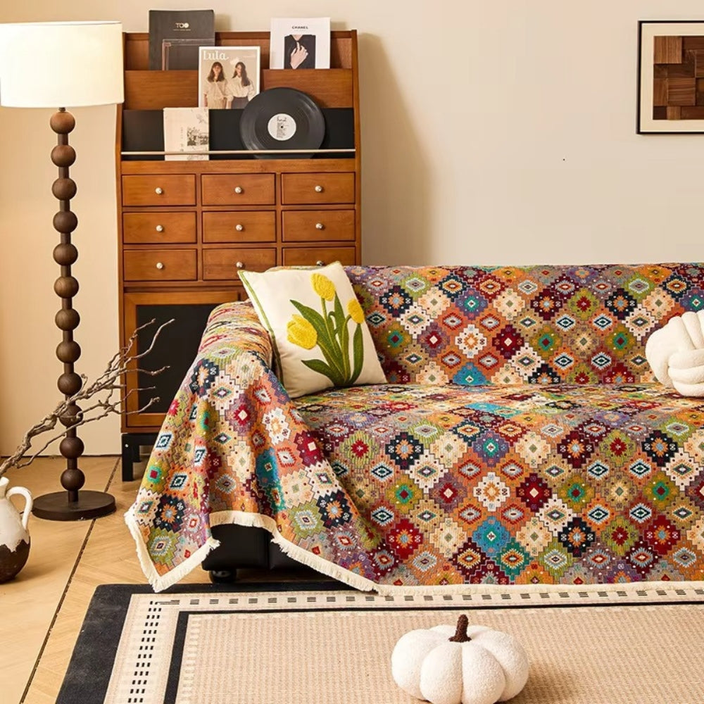Sofa Cover Kilim-Inspired Microfiber Blend Tassel Trim
