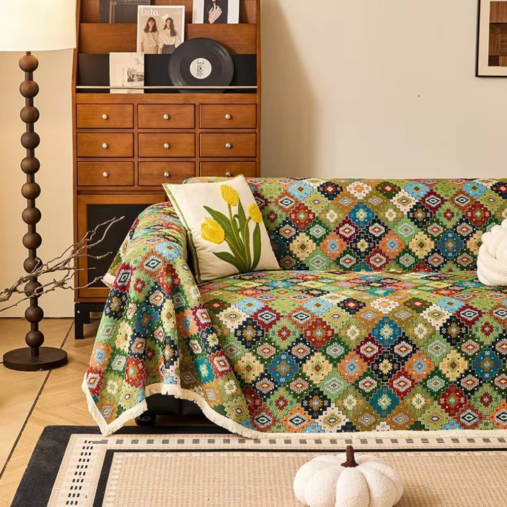 Sofa Cover Kilim-Inspired Microfiber Blend Tassel Trim