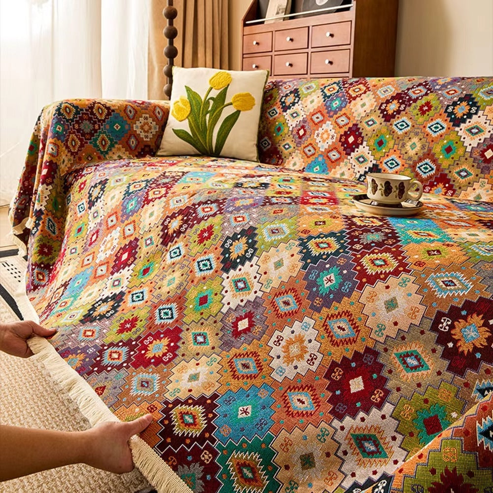 Sofa Cover Kilim-Inspired Microfiber Blend Tassel Trim