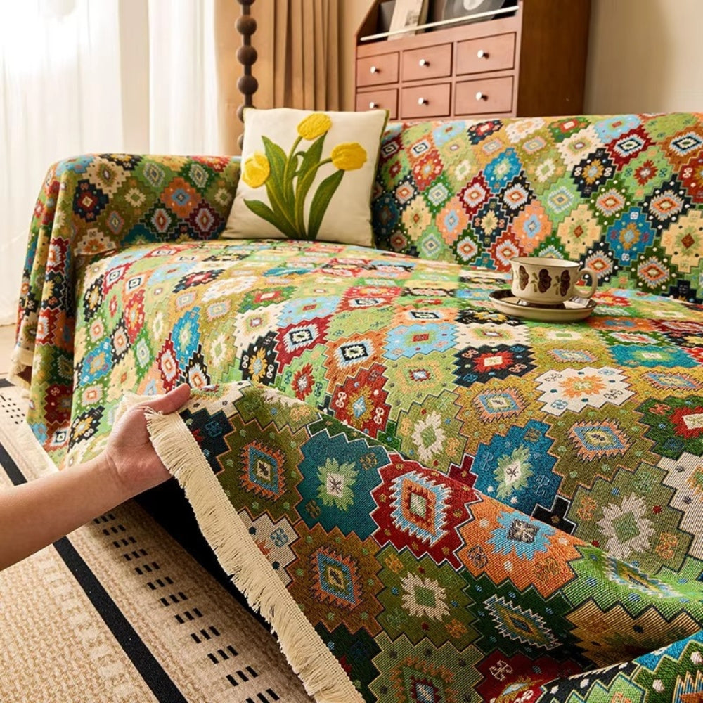 Sofa Cover Kilim-Inspired Microfiber Blend Tassel Trim