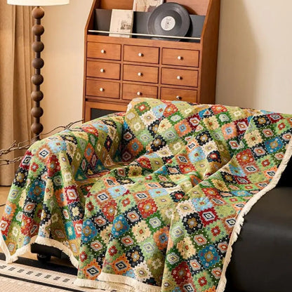 Sofa Cover Kilim-Inspired Microfiber Blend Tassel Trim