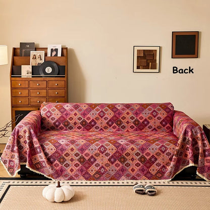 Sofa Cover Kilim-Inspired Microfiber Blend Tassel Trim