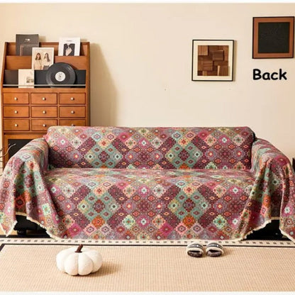 Sofa Cover Kilim-Inspired Microfiber Blend Tassel Trim