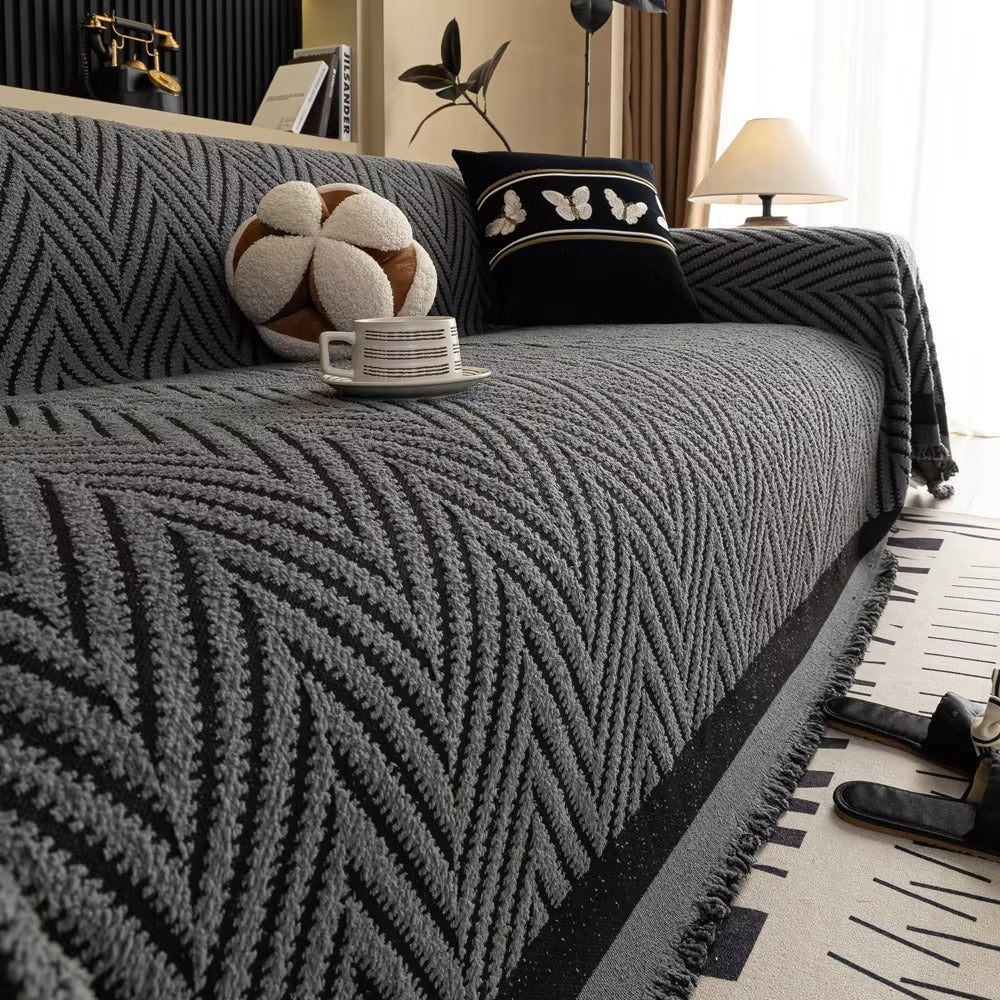 Sofa Cover Microfiber Blend Chevron Herringbone & Tassel Trim