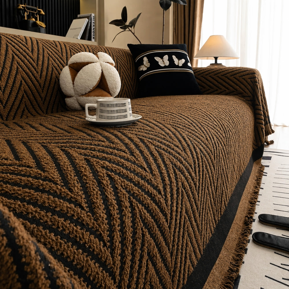 Sofa Cover Microfiber Blend Chevron Herringbone & Tassel Trim