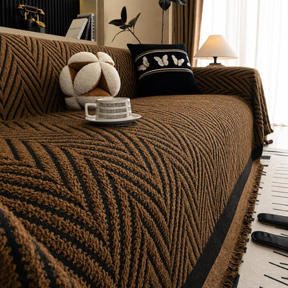 Sofa Cover Microfiber Blend Chevron Herringbone & Tassel Trim