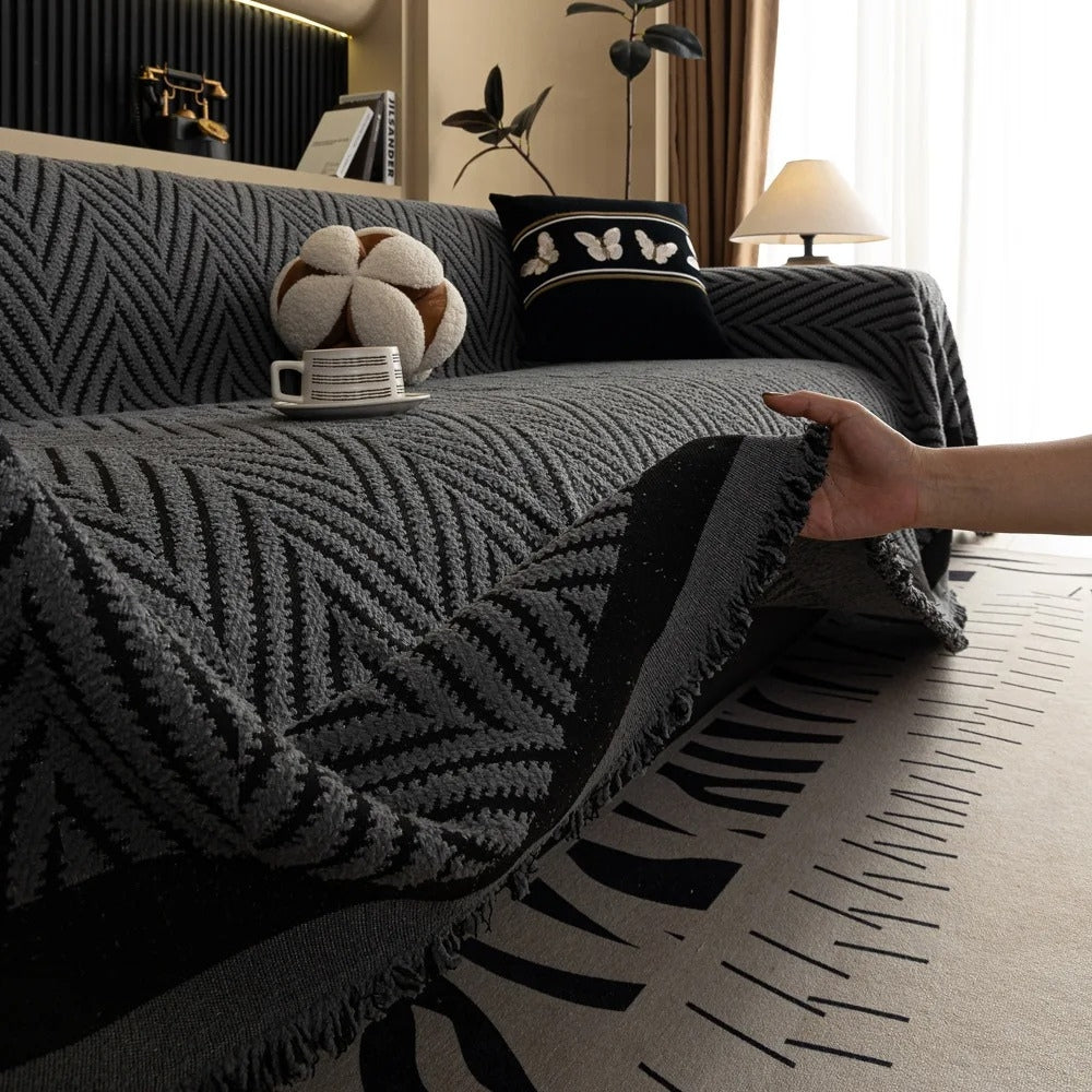 Sofa Cover Microfiber Blend Chevron Herringbone & Tassel Trim