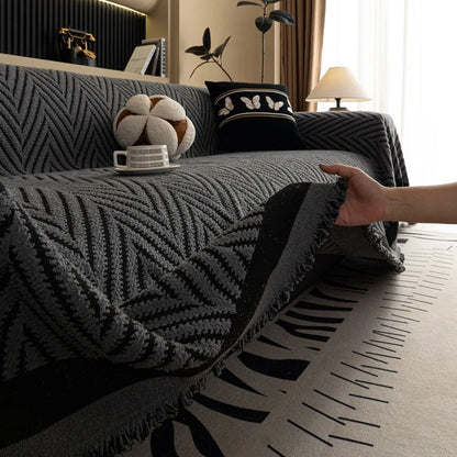 Sofa Cover Microfiber Blend Chevron Herringbone & Tassel Trim