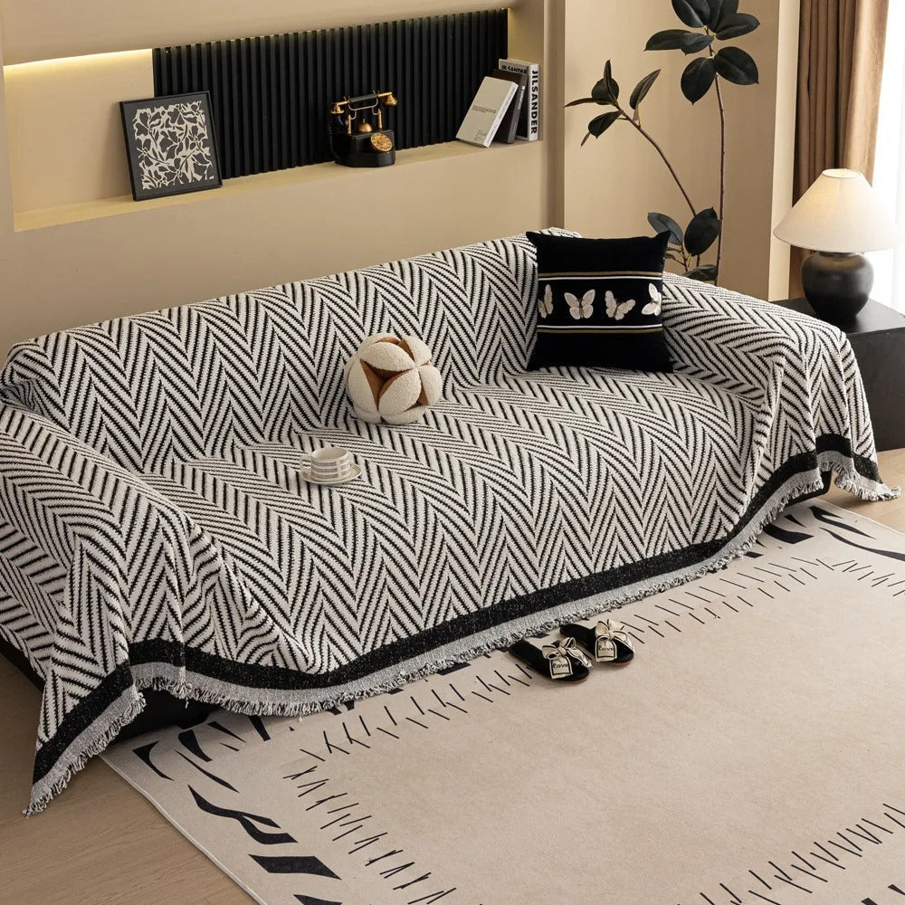 Sofa Cover Microfiber Blend Chevron Herringbone & Tassel Trim
