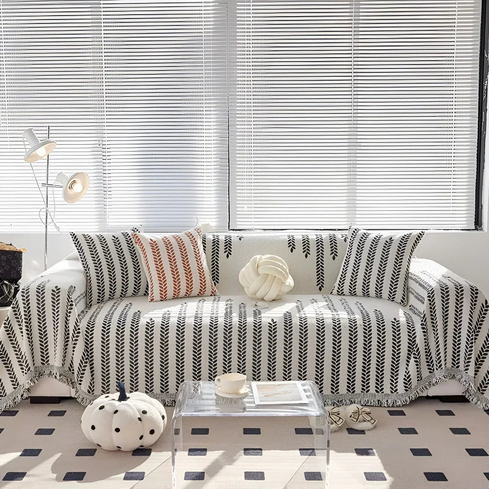 Sofa Cover Microfiber Leaf Pattern & Fringed Edge