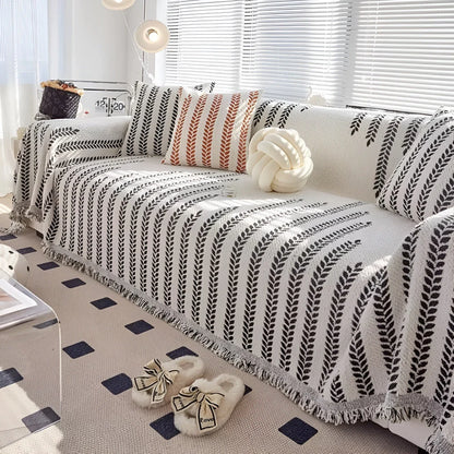 Sofa Cover Microfiber Leaf Pattern & Fringed Edge