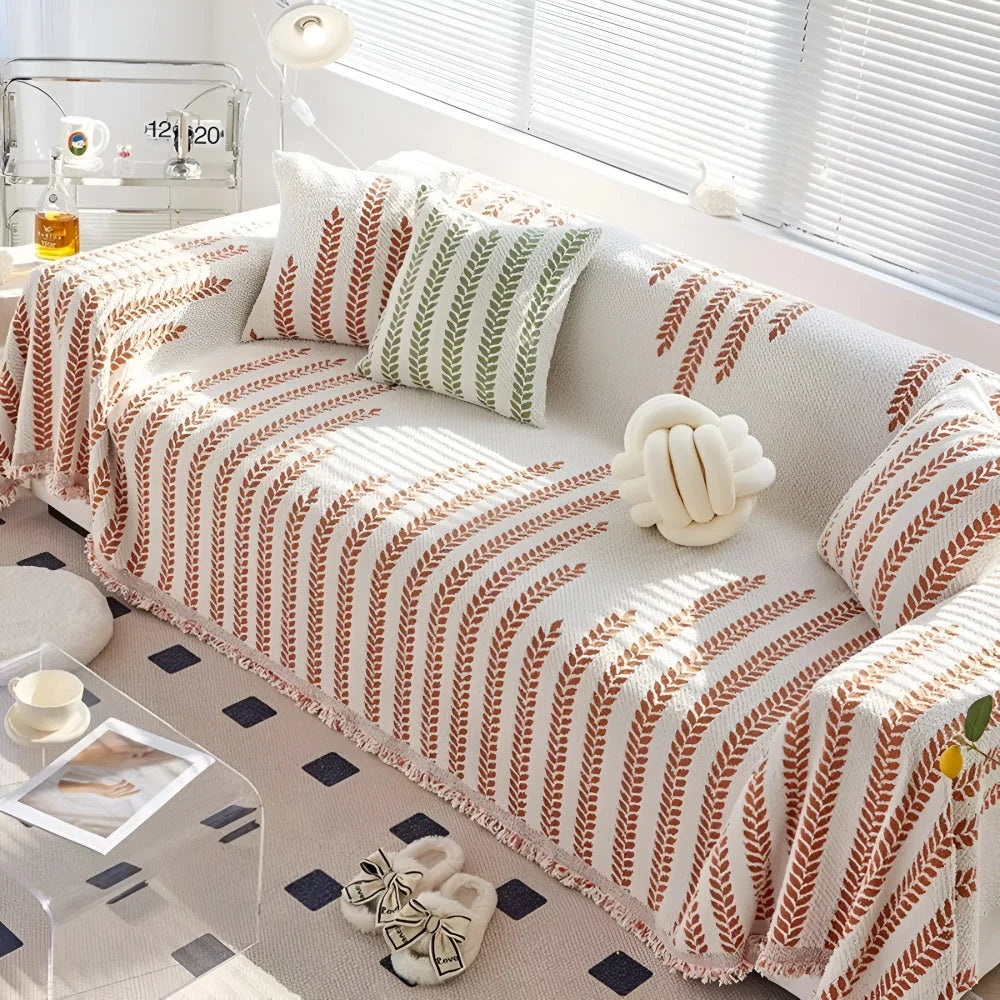 Sofa Cover Microfiber Leaf Pattern & Fringed Edge