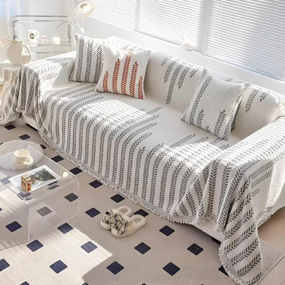 Sofa Cover Microfiber Leaf Pattern & Fringed Edge