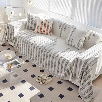 Sofa Cover Microfiber Leaf Pattern & Fringed Edge