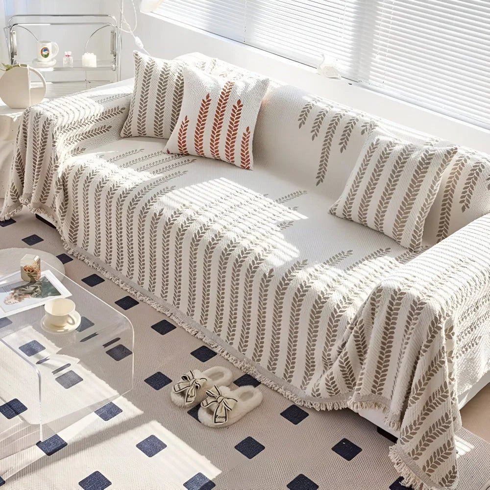 Sofa Cover Microfiber Leaf Pattern & Fringed Edge