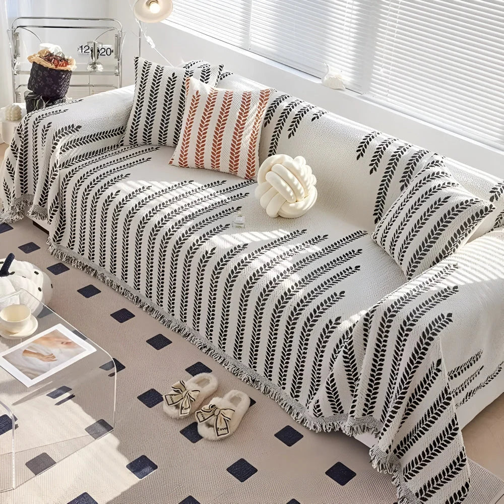Sofa Cover Microfiber Leaf Pattern & Fringed Edge
