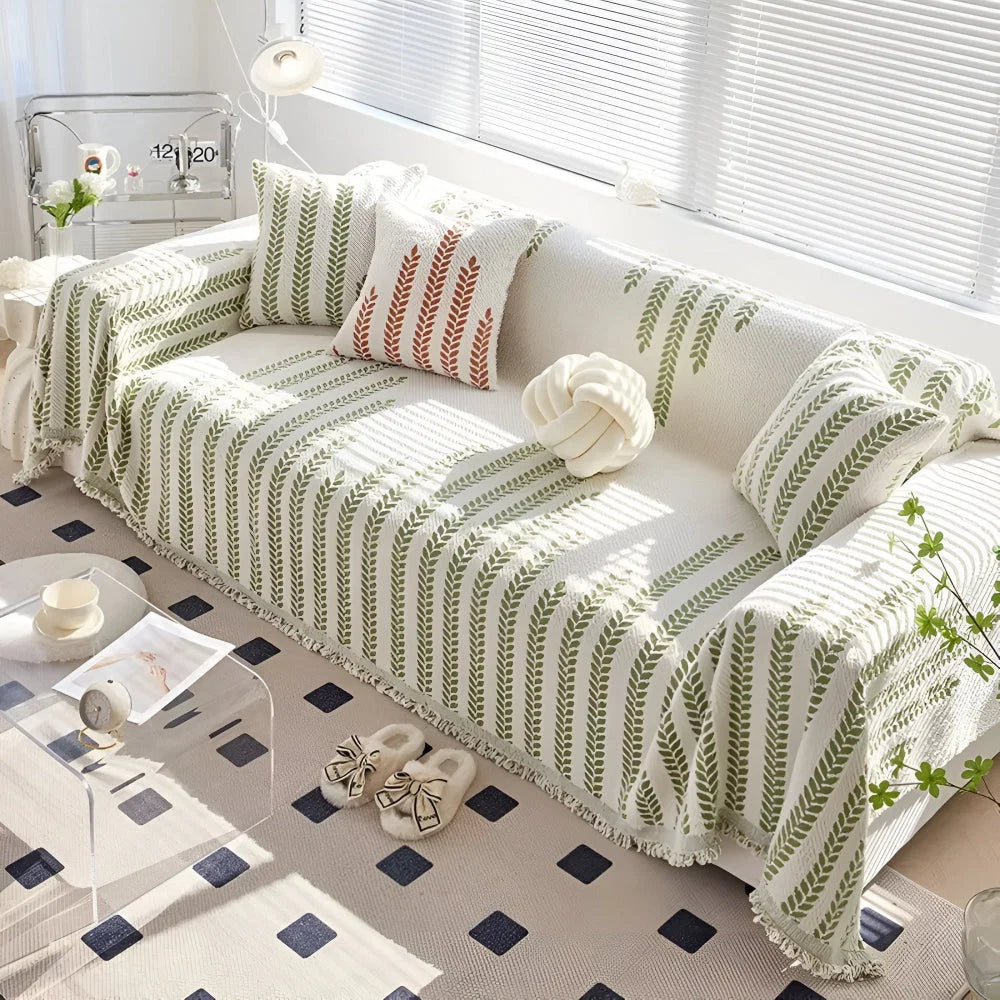 Sofa Cover Microfiber Leaf Pattern & Fringed Edge