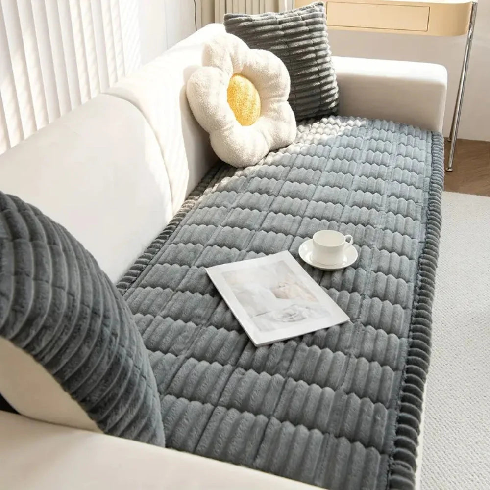 Sofa Cover Plush Flannel Anti-Slip Backing Machine Washable