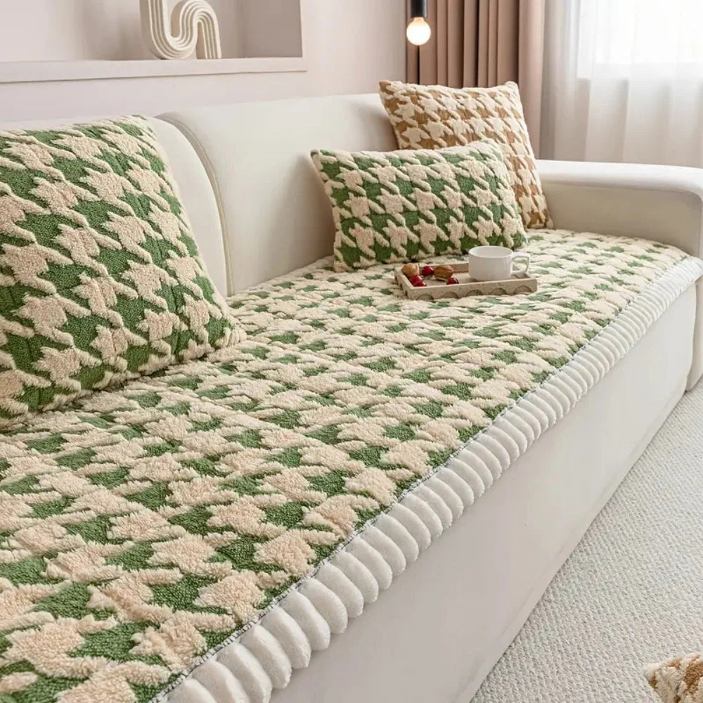 Sofa Cover Plush Microfiber Non-Slip Houndstooth Ruffle