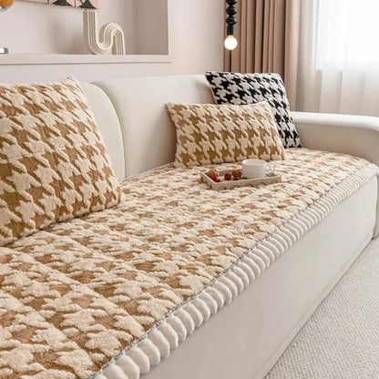 Sofa Cover Plush Microfiber Non-Slip Houndstooth Ruffle