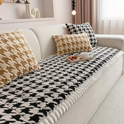 Sofa Cover Plush Microfiber Non-Slip Houndstooth Ruffle