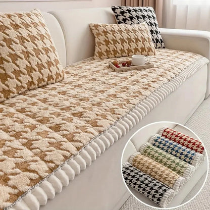 Sofa Cover Plush Microfiber Non-Slip Houndstooth Ruffle