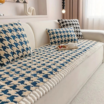 Sofa Cover Plush Microfiber Non-Slip Houndstooth Ruffle