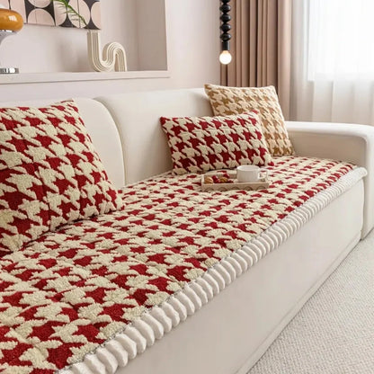 Sofa Cover Plush Microfiber Non-Slip Houndstooth Ruffle