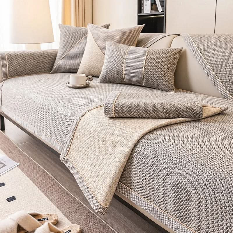 Sofa Cover Quilted Cotton-Linen Blend Non-Slip Backing