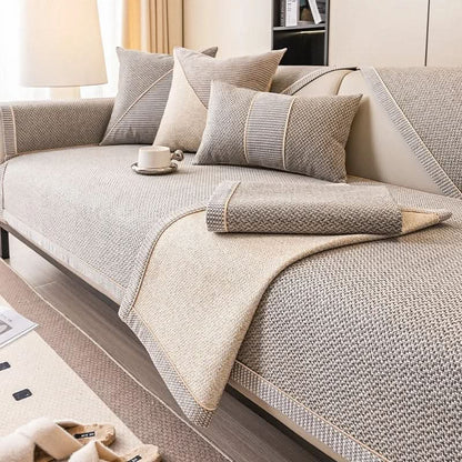 Sofa Cover Quilted Cotton-Linen Blend Non-Slip Backing