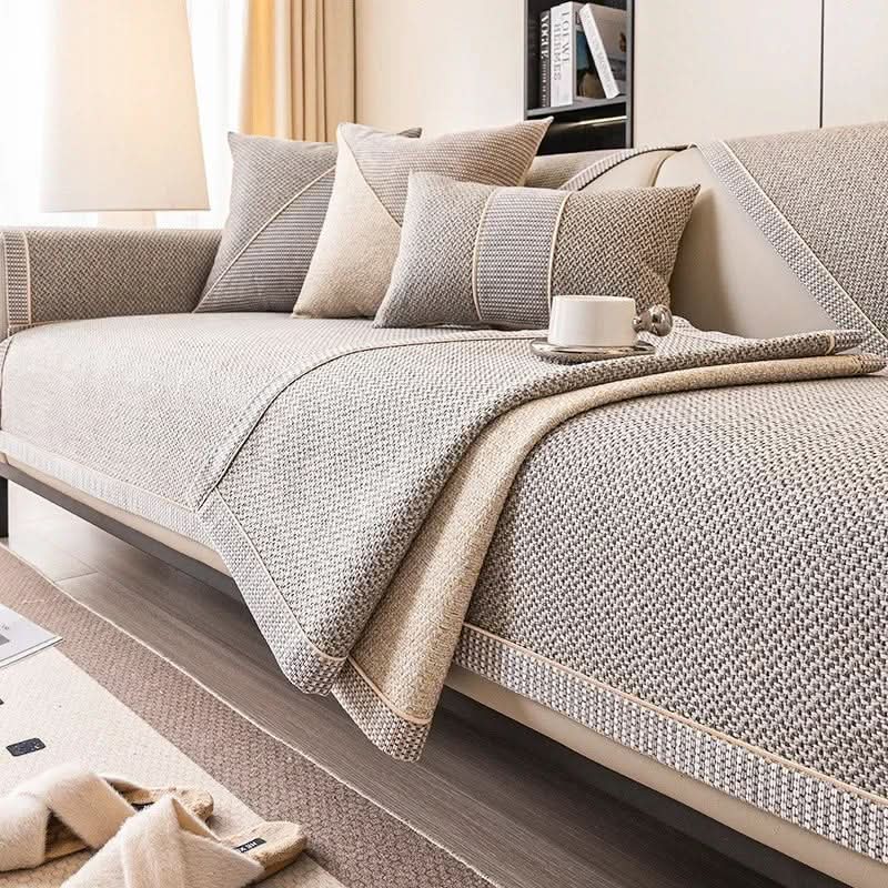 Sofa Cover Quilted Cotton-Linen Blend Non-Slip Backing