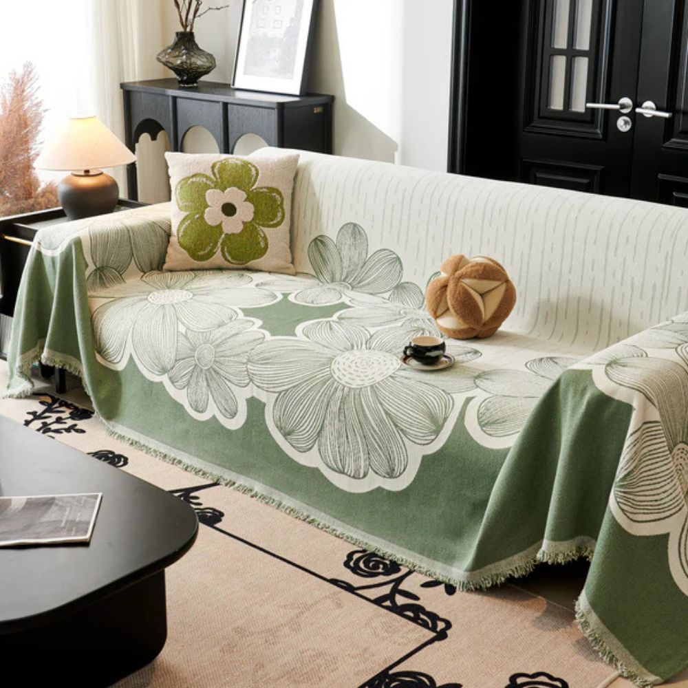 Sofa Cover Reversible Floral Chenille Tasselled Edges Machine Washable