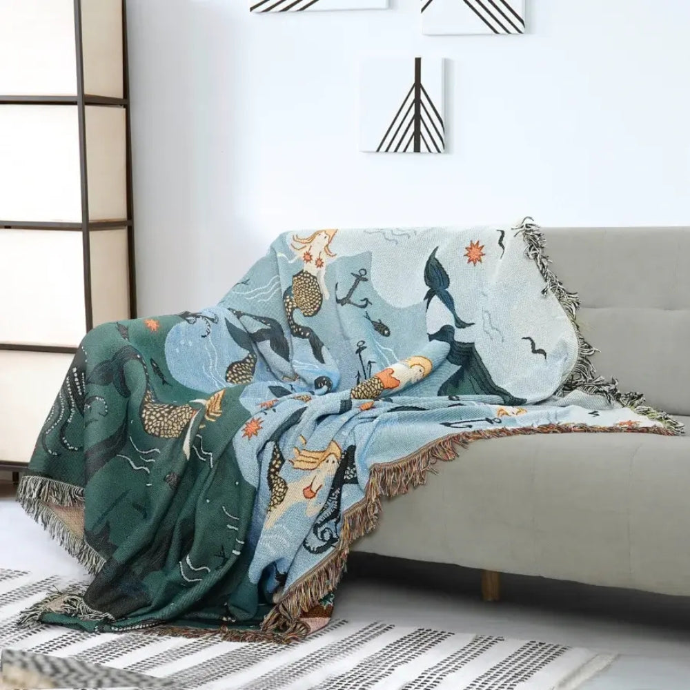 Sofa Cover Underwater Mermaid Print Cotton-Poly Machine Washable Tassels