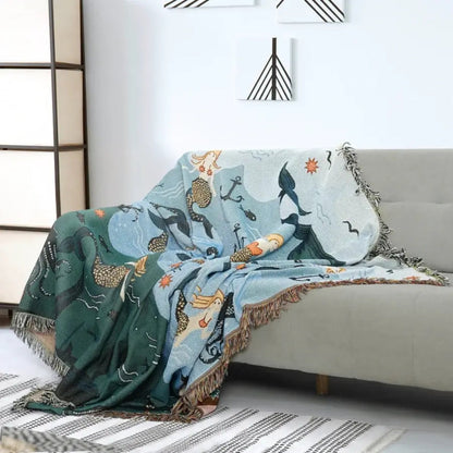 Sofa Cover Underwater Mermaid Print Cotton-Poly Machine Washable Tassels
